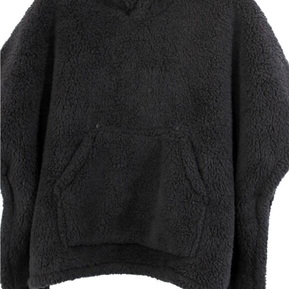 Jenni Hooded Sherpa Kangaroo Pocket Poncho Black OS - Picture 3 of 5